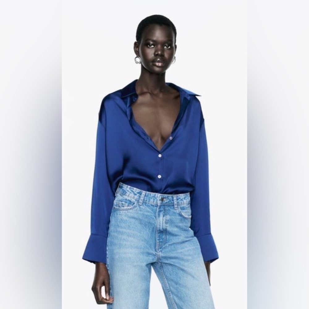 Zara Satin Effect V Neck Button Down Shirt Navy Blue sz Small